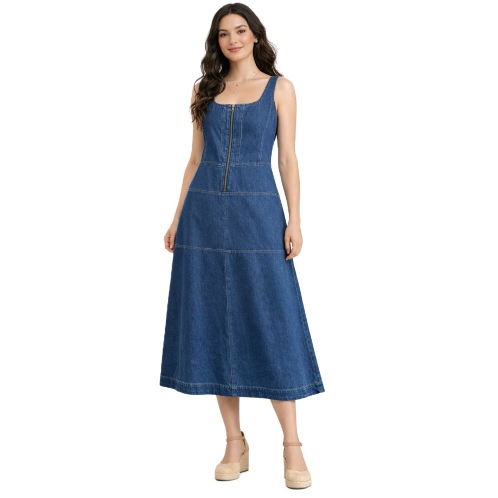 Denim Zip-Front Midi Dress - Blue